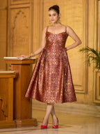 Monjolika Fashion Designer Maroon Jacquard Zari Woven A-Line Midi Dress | Grocsy