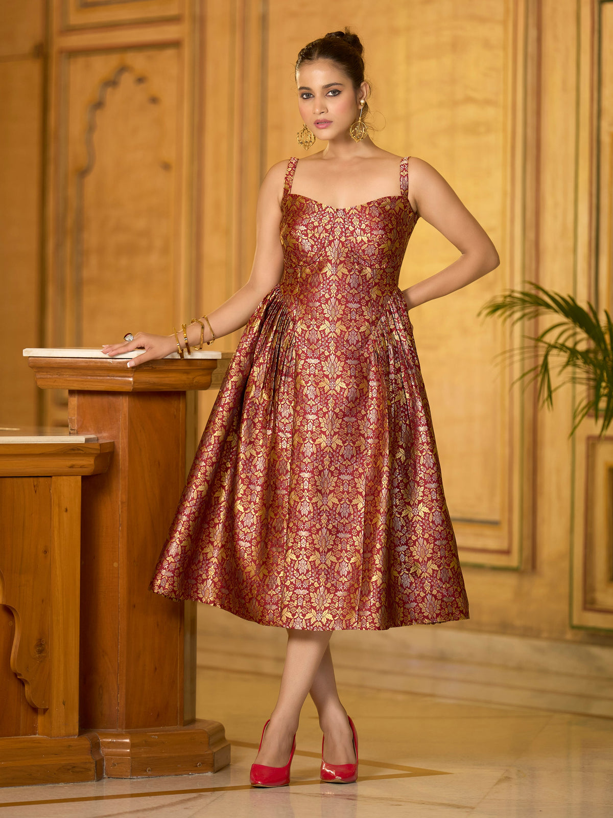 Monjolika Fashion Designer Maroon Jacquard Zari Woven A-Line Midi Dress | Grocsy
