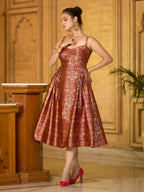 Monjolika Fashion Designer Maroon Jacquard Zari Woven A-Line Midi Dress | Grocsy