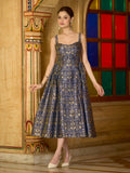 Monjolika Fashion Designer Navy Blue Jacquard Zari Woven A-Line Midi Dress | Grocsy