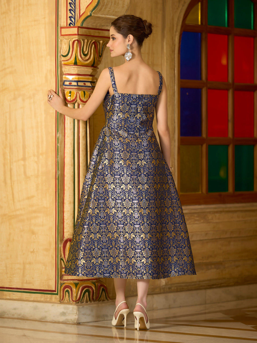 Monjolika Fashion Designer Navy Blue Jacquard Zari Woven A-Line Midi Dress | Grocsy