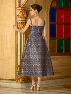 Monjolika Fashion Designer Navy Blue Jacquard Zari Woven A-Line Midi Dress | Grocsy