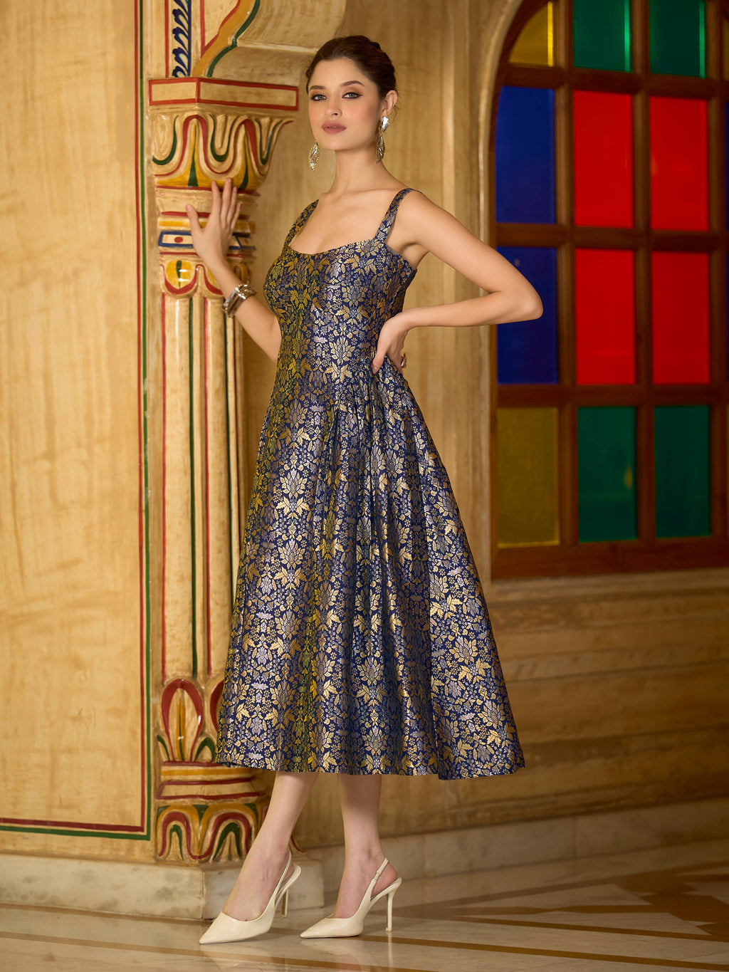 Monjolika Fashion Designer Navy Blue Jacquard Zari Woven A-Line Midi Dress | Grocsy