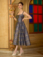 Monjolika Fashion Designer Navy Blue Jacquard Zari Woven A-Line Midi Dress | Grocsy