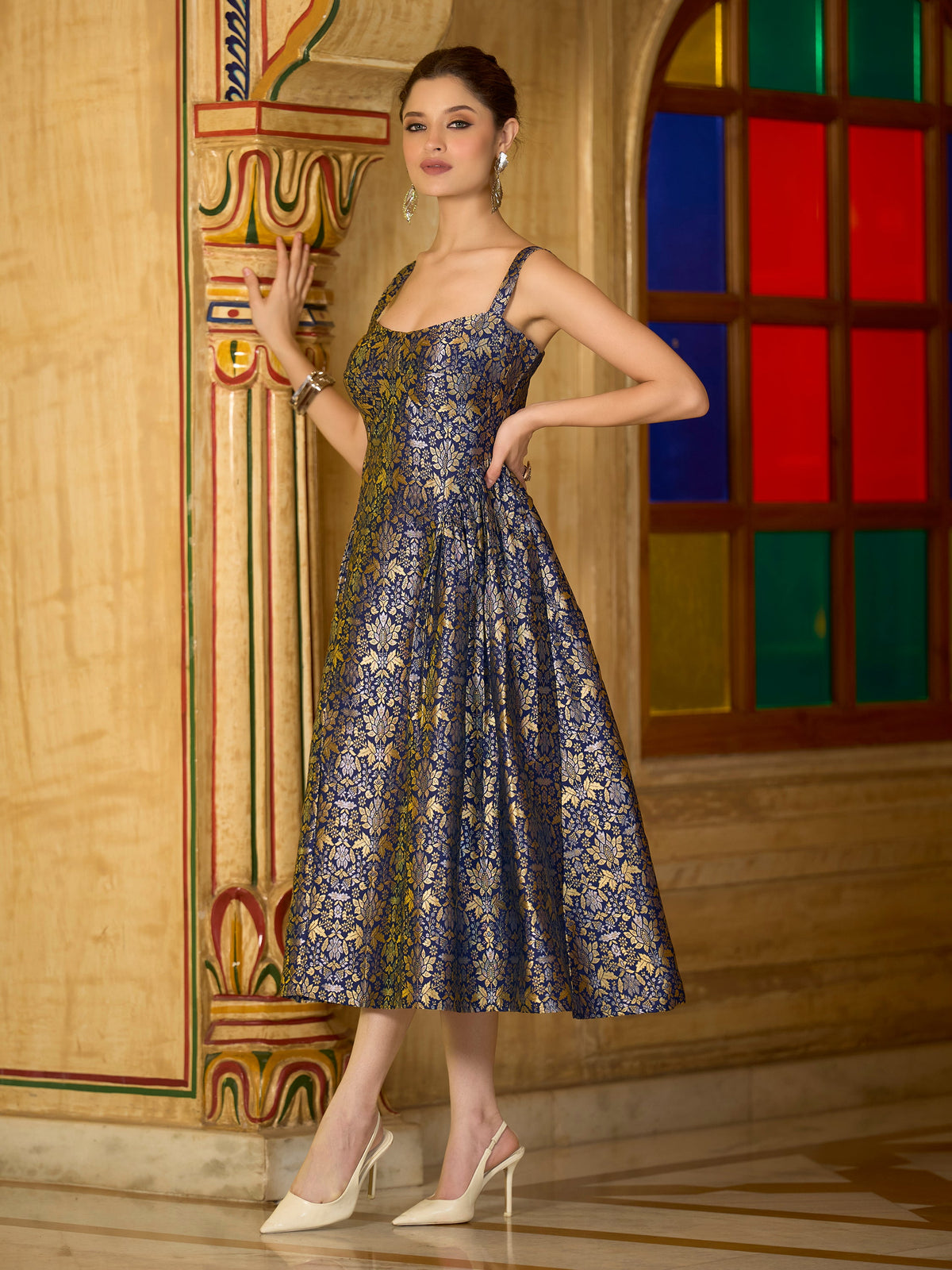 Monjolika Fashion Designer Navy Blue Jacquard Zari Woven A-Line Midi Dress | Grocsy