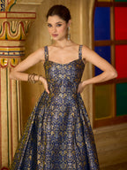 Monjolika Fashion Designer Navy Blue Jacquard Zari Woven A-Line Midi Dress | Grocsy