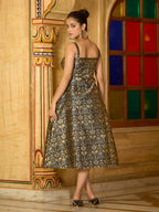 Monjolika Fashion Designer Black Jacquard Zari Woven A-Line Midi Dress | Grocsy