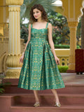 Monjolika Fashion Designer Teal Jacquard Zari Woven A-Line Midi Dress | Grocsy