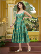 Monjolika Fashion Designer Teal Jacquard Zari Woven A-Line Midi Dress | Grocsy