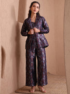 Monjolika Fashion Women's Navy Blue Banarasi Brocade Co-ord Set With Designer Blazer & Wide-Leg Pants | Grocsy