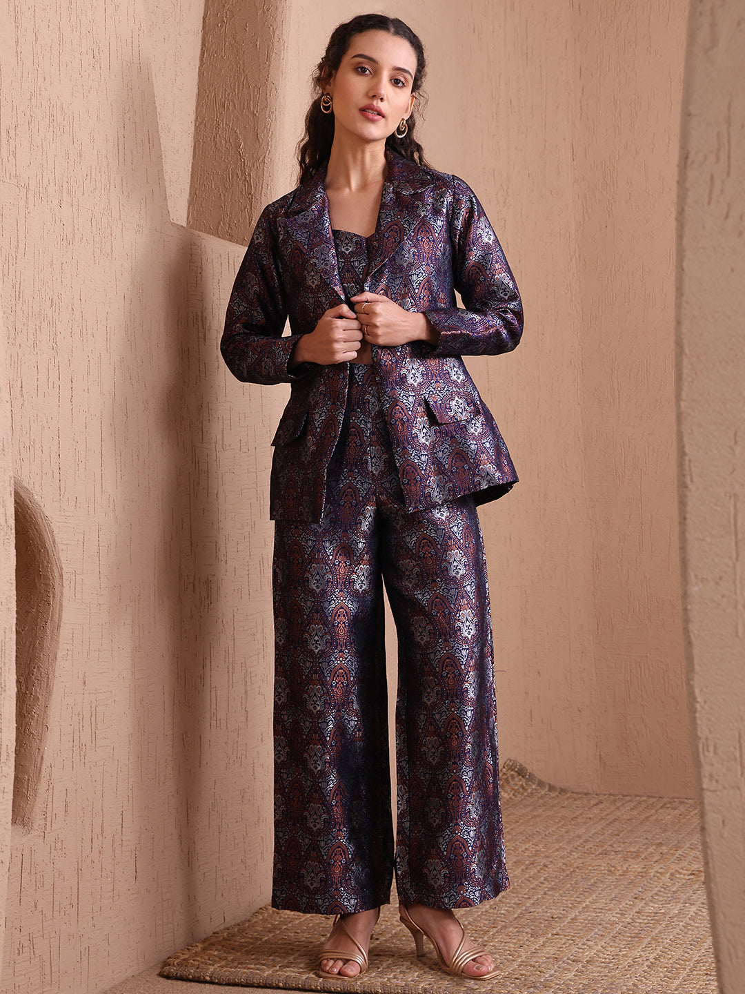 Monjolika Fashion Women's Navy Blue Banarasi Brocade Co-ord Set With Designer Blazer & Wide-Leg Pants | Grocsy