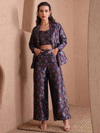 Monjolika Fashion Women's Navy Blue Banarasi Brocade Co-ord Set With Designer Blazer & Wide-Leg Pants | Grocsy