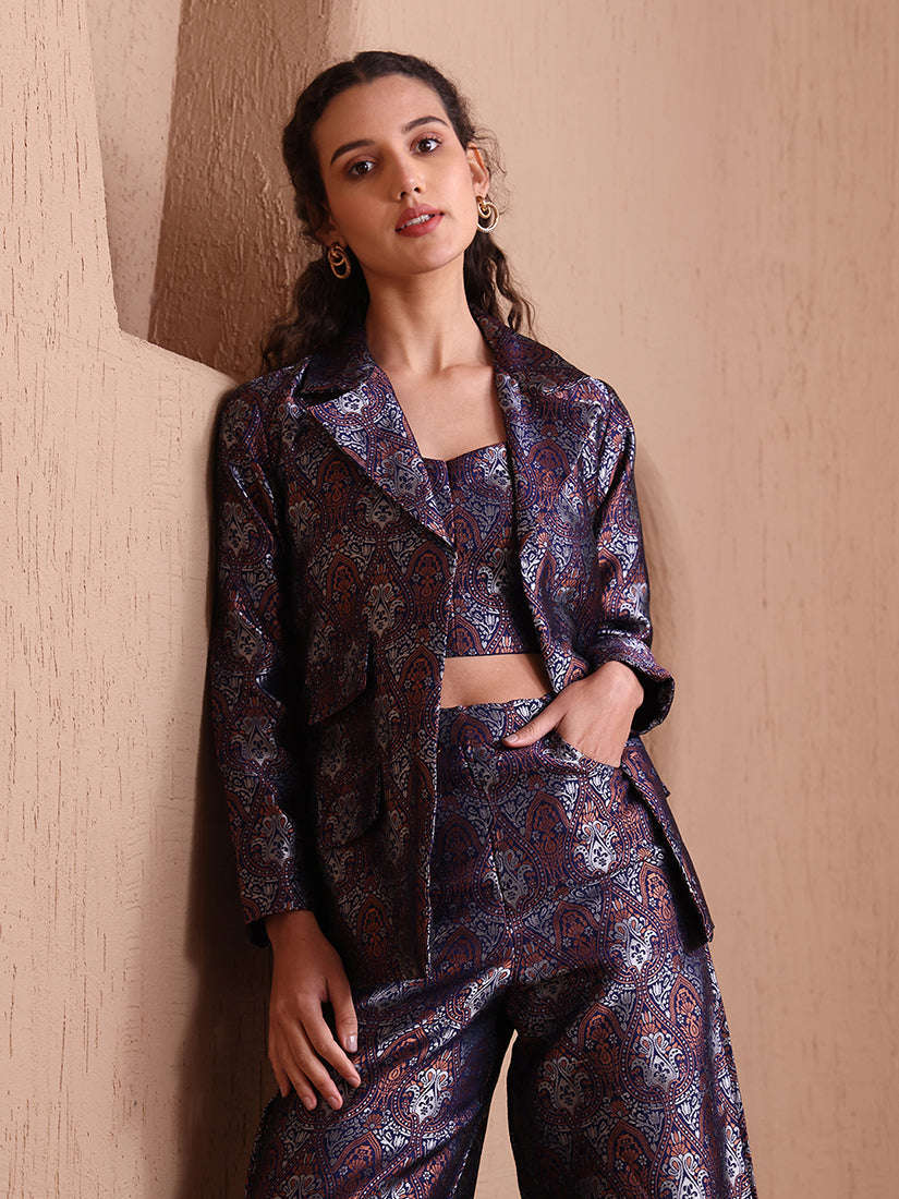 Monjolika Fashion Women's Navy Blue Banarasi Brocade Co-ord Set With Designer Blazer & Wide-Leg Pants | Grocsy