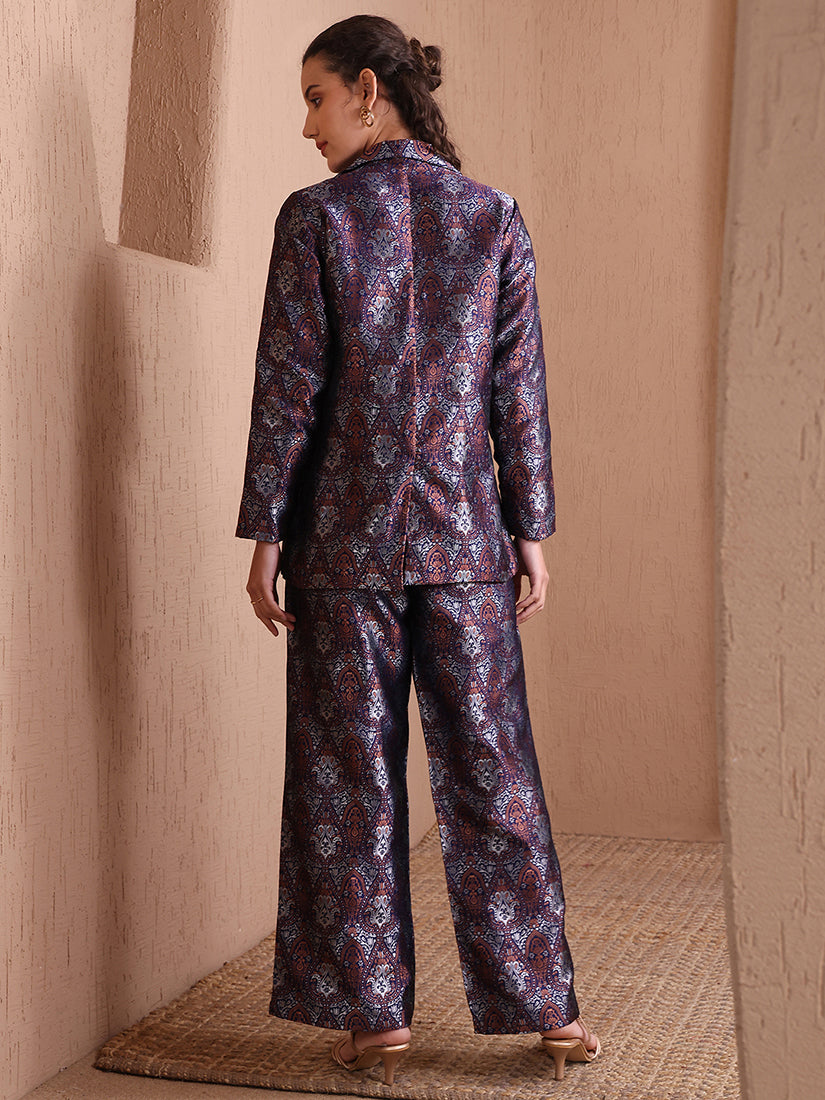 Monjolika Fashion Women's Navy Blue Banarasi Brocade Co-ord Set With Designer Blazer & Wide-Leg Pants | Grocsy