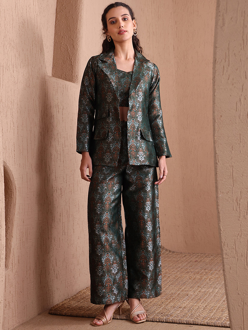 Monjolika Fashion Women's Green Banarasi Brocade Co-ord Set With Designer Blazer & Wide-Leg Pants | Grocsy