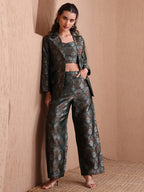 Monjolika Fashion Women's Green Banarasi Brocade Co-ord Set With Designer Blazer & Wide-Leg Pants | Grocsy