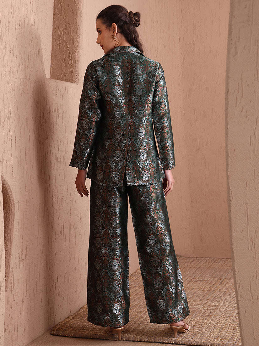 Monjolika Fashion Women's Green Banarasi Brocade Co-ord Set With Designer Blazer & Wide-Leg Pants | Grocsy