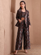 Monjolika Fashion Women's Black Banarasi Brocade Co-ord Set With Designer Blazer & Wide-Leg Pants | Grocsy