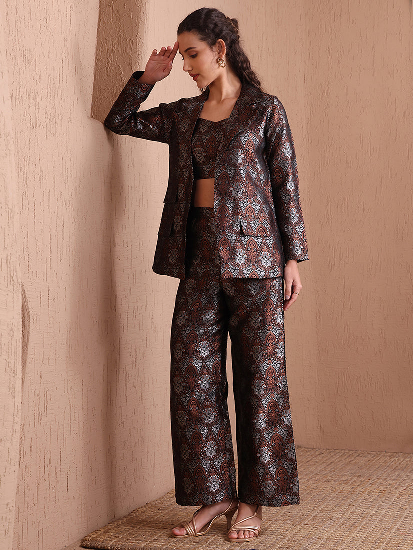 Monjolika Fashion Women's Black Banarasi Brocade Co-ord Set With Designer Blazer & Wide-Leg Pants | Grocsy