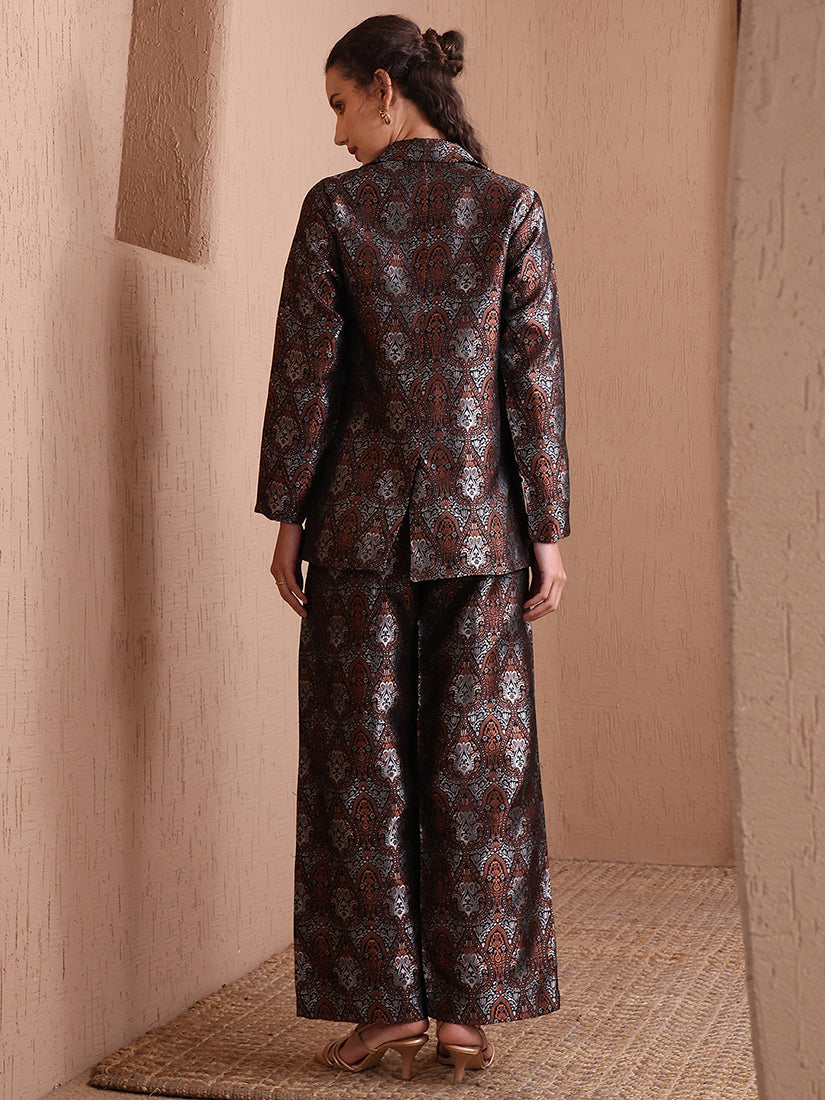 Monjolika Fashion Women's Black Banarasi Brocade Co-ord Set With Designer Blazer & Wide-Leg Pants | Grocsy