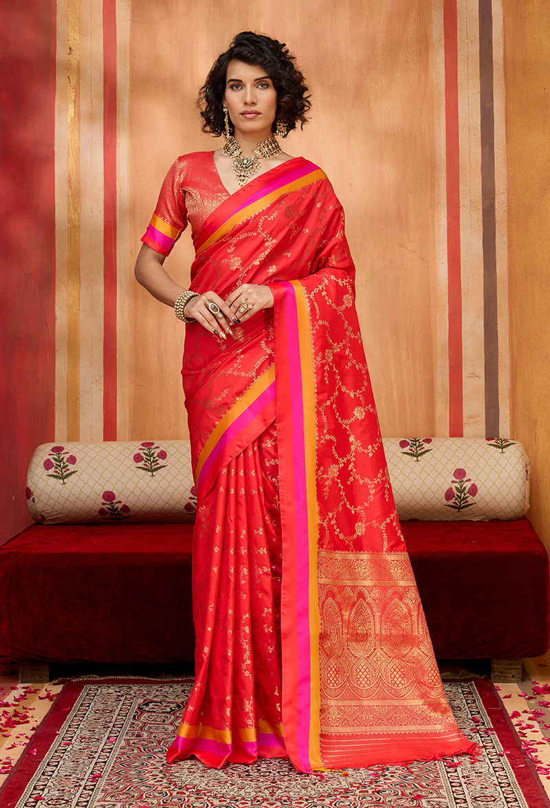 Monjolika Fashion Red Weaving Satin Silk Blend Festival Trendy Saree | Grocsy