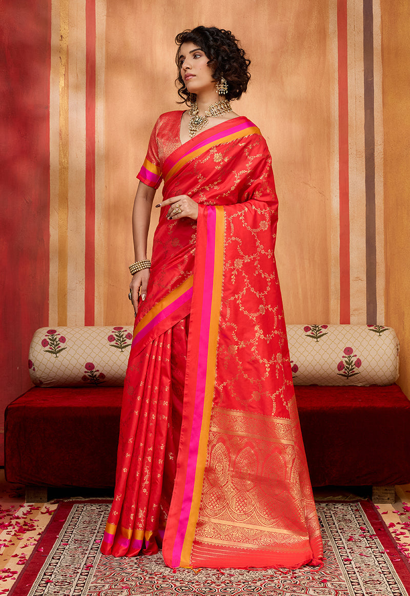 Monjolika Fashion Red Weaving Satin Silk Blend Festival Trendy Saree | Grocsy