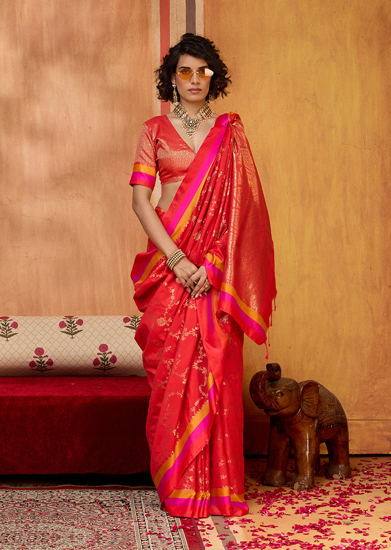 Monjolika Fashion Red Weaving Satin Silk Blend Festival Trendy Saree | Grocsy