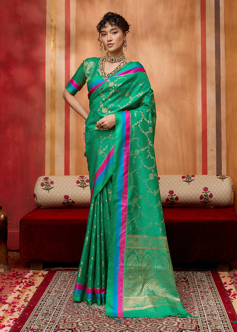 Monjolika Fashion Sea Green Weaving Satin Silk Blend Festival Trendy Saree | Grocsy