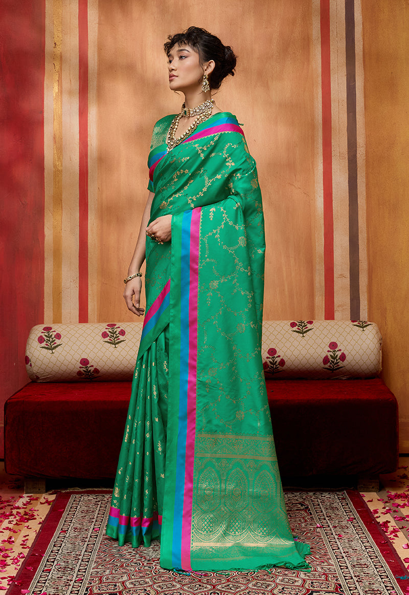 Monjolika Fashion Sea Green Weaving Satin Silk Blend Festival Trendy Saree | Grocsy