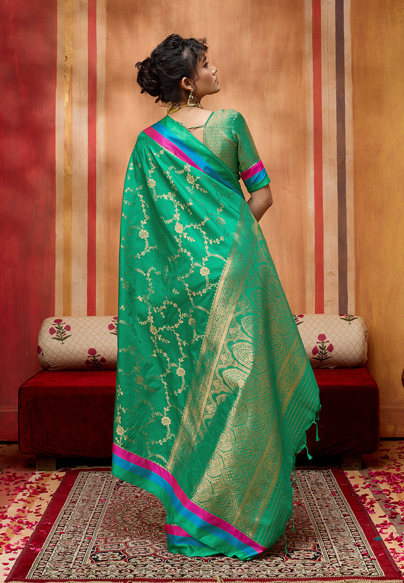 Monjolika Fashion Sea Green Weaving Satin Silk Blend Festival Trendy Saree | Grocsy