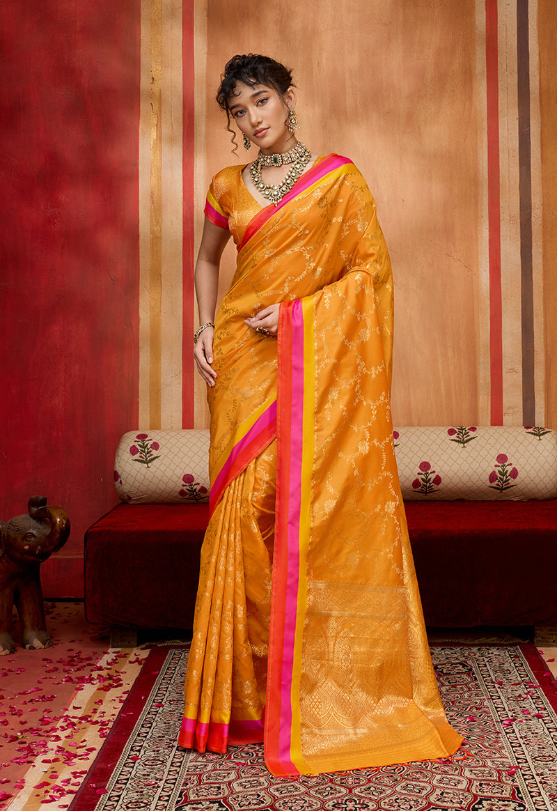 Monjolika Fashion Orange Weaving Satin Silk Blend Festival Trendy Saree | Grocsy