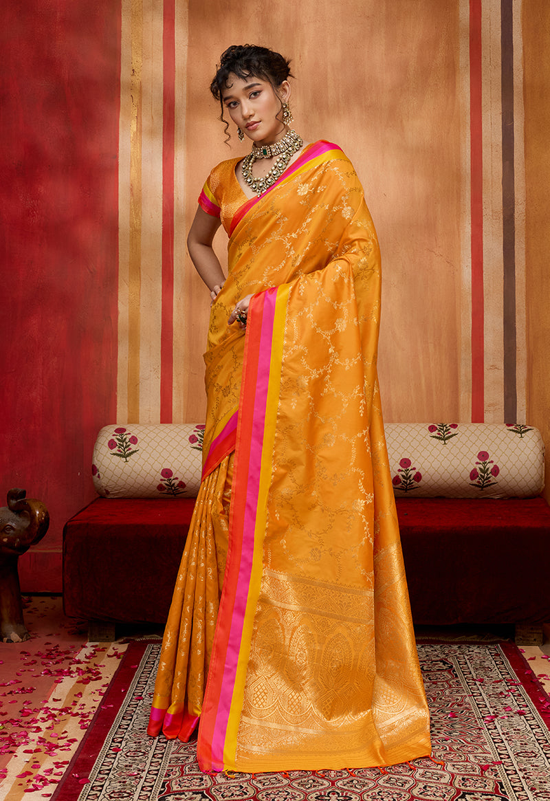Monjolika Fashion Orange Weaving Satin Silk Blend Festival Trendy Saree | Grocsy