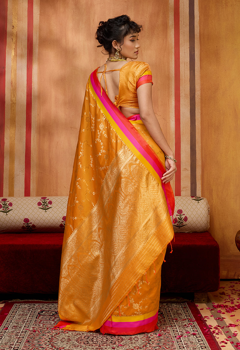 Monjolika Fashion Orange Weaving Satin Silk Blend Festival Trendy Saree | Grocsy