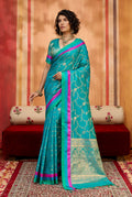 Monjolika Fashion Aqua Blue Weaving Satin Silk Blend Festival Trendy Saree | Grocsy