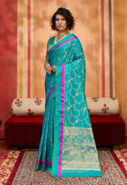 Monjolika Fashion Aqua Blue Weaving Satin Silk Blend Festival Trendy Saree | Grocsy