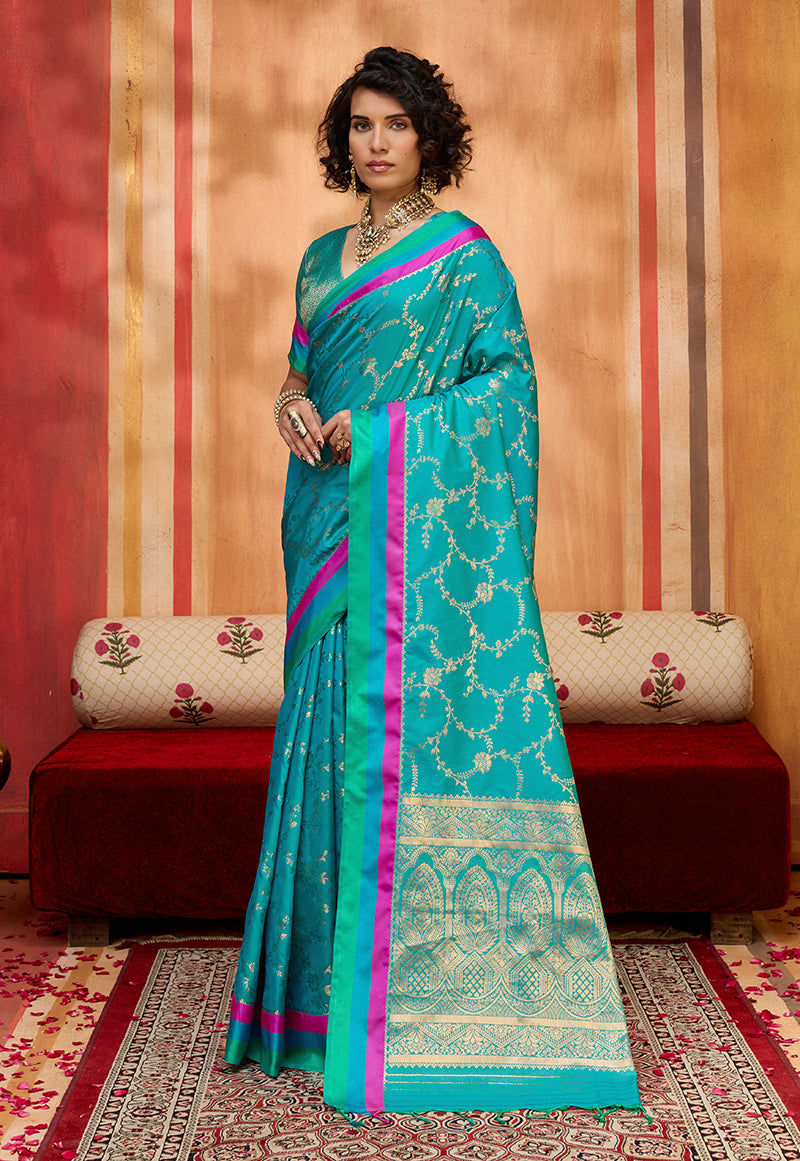 Monjolika Fashion Aqua Blue Weaving Satin Silk Blend Festival Trendy Saree | Grocsy