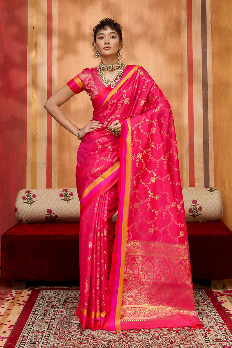 Monjolika Fashion Rani Pink Weaving Satin Silk Blend Festival Trendy Saree | Grocsy