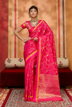 Monjolika Fashion Rani Pink Weaving Satin Silk Blend Festival Trendy Saree | Grocsy