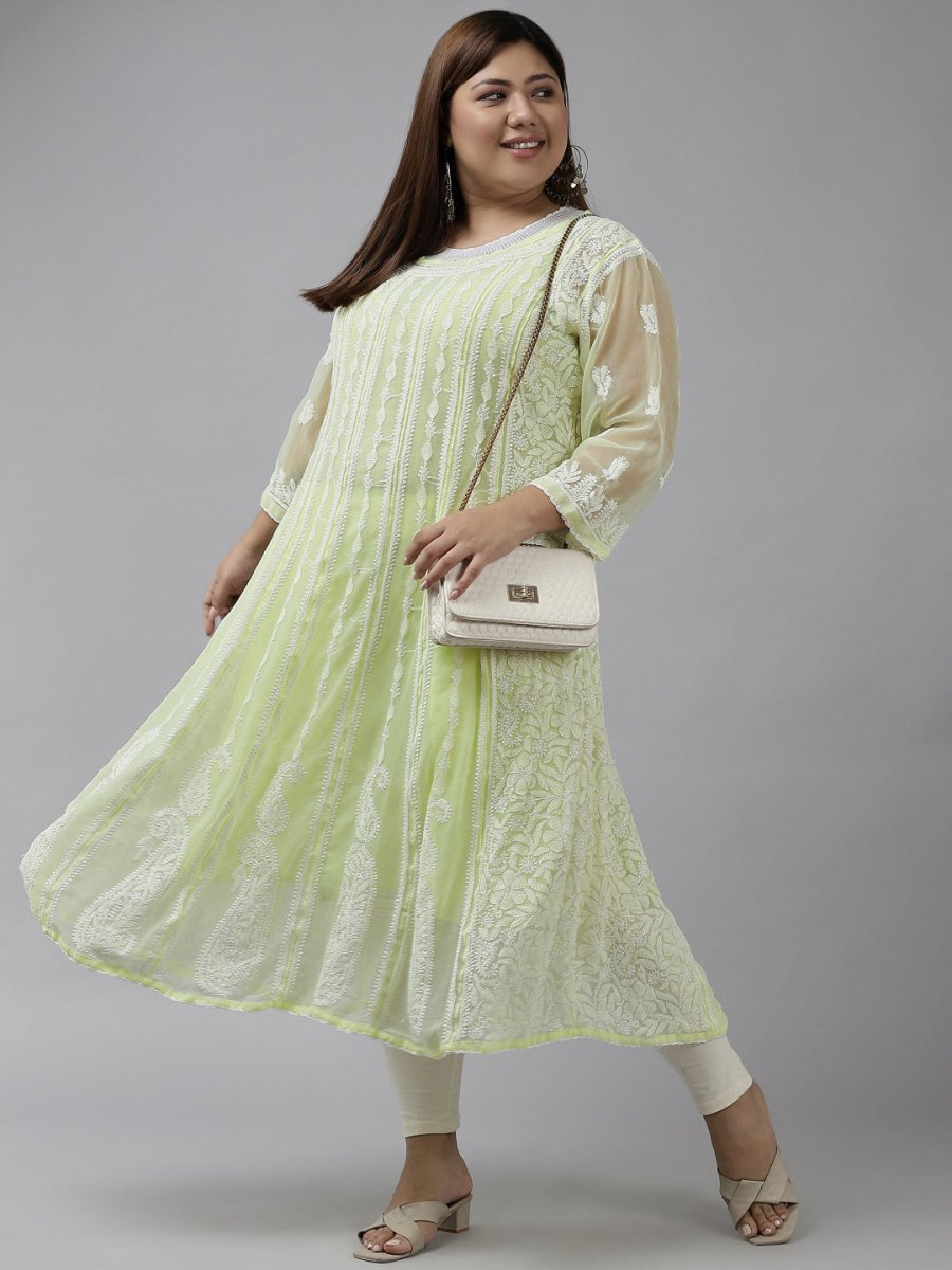 ADA Women Lime Green & White Ethnic Motifs Plus Size Chikankari Georgette Anarkali Kurta | Grocsy