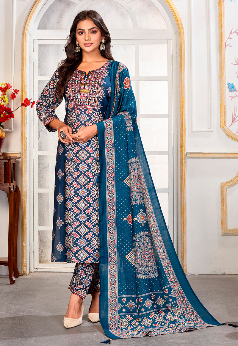 Monjolika Fashion Teal Blue Chanderi Embroidered Work Party Pant Style Suit | Grocsy
