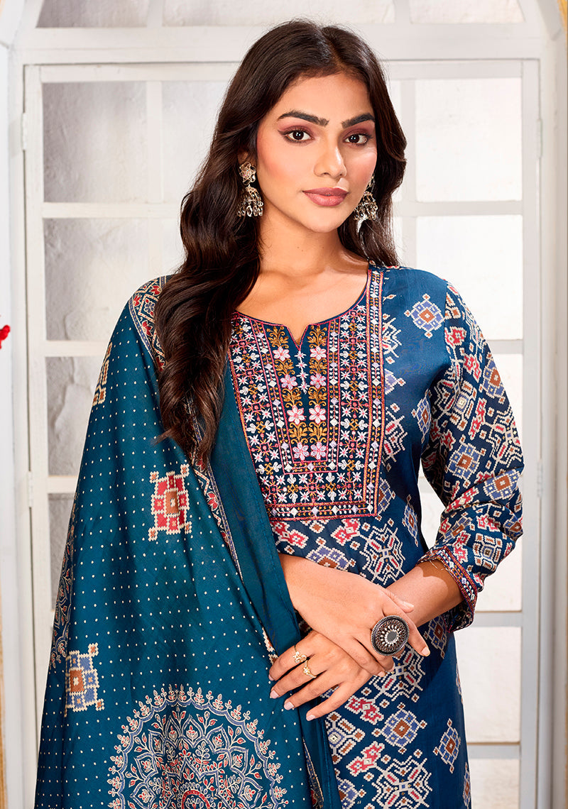Monjolika Fashion Teal Blue Chanderi Embroidered Work Party Pant Style Suit | Grocsy