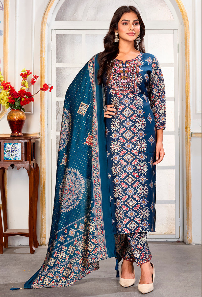 Monjolika Fashion Teal Blue Chanderi Embroidered Work Party Pant Style Suit | Grocsy