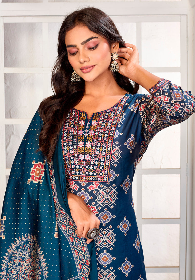 Monjolika Fashion Teal Blue Chanderi Embroidered Work Party Pant Style Suit | Grocsy