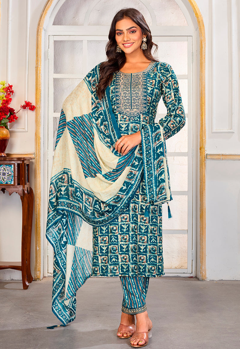 Monjolika Fashion Light Blue Rayon Embroidered Work Party Pant Style Suit | Grocsy