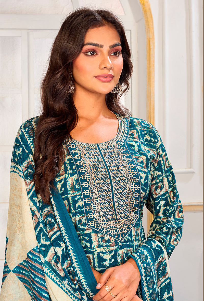 Monjolika Fashion Light Blue Rayon Embroidered Work Party Pant Style Suit | Grocsy