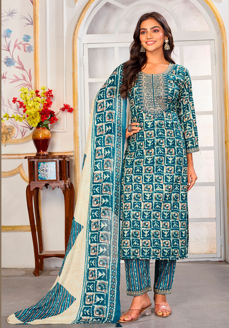 Monjolika Fashion Light Blue Rayon Embroidered Work Party Pant Style Suit | Grocsy