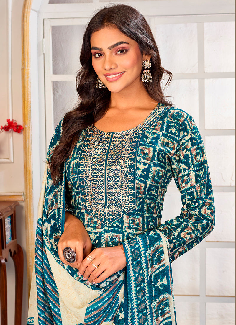 Monjolika Fashion Light Blue Rayon Embroidered Work Party Pant Style Suit | Grocsy