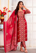 Monjolika Fashion Red Chanderi Embroidered Work Party Pant Style Suit | Grocsy