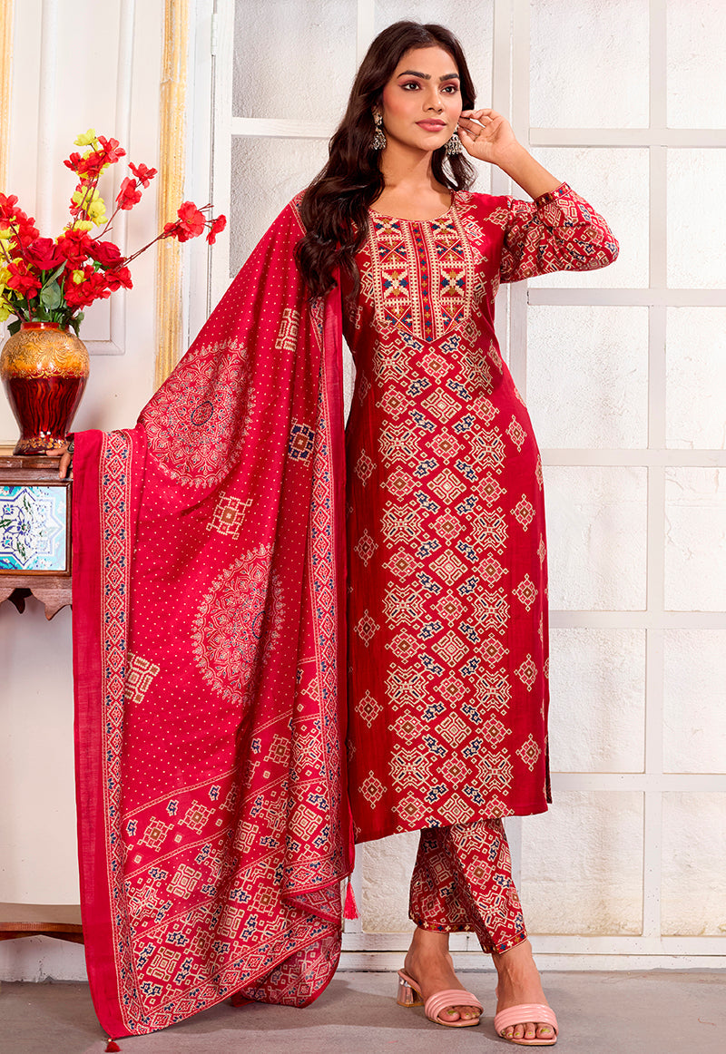Monjolika Fashion Red Chanderi Embroidered Work Party Pant Style Suit | Grocsy