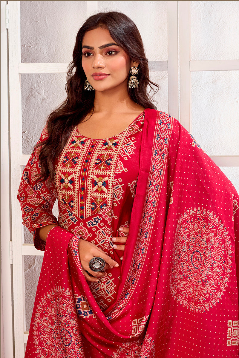Monjolika Fashion Red Chanderi Embroidered Work Party Pant Style Suit | Grocsy
